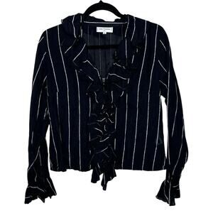 VTG Anne Fontaine Black White Striped Ruffle Cotton Blend Button Up Sz 3 Medium